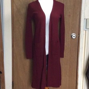 Timing red ribbed long sleeve long fuzzy cardigan